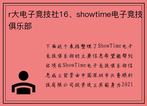 r大电子竞技社16、showtime电子竞技俱乐部